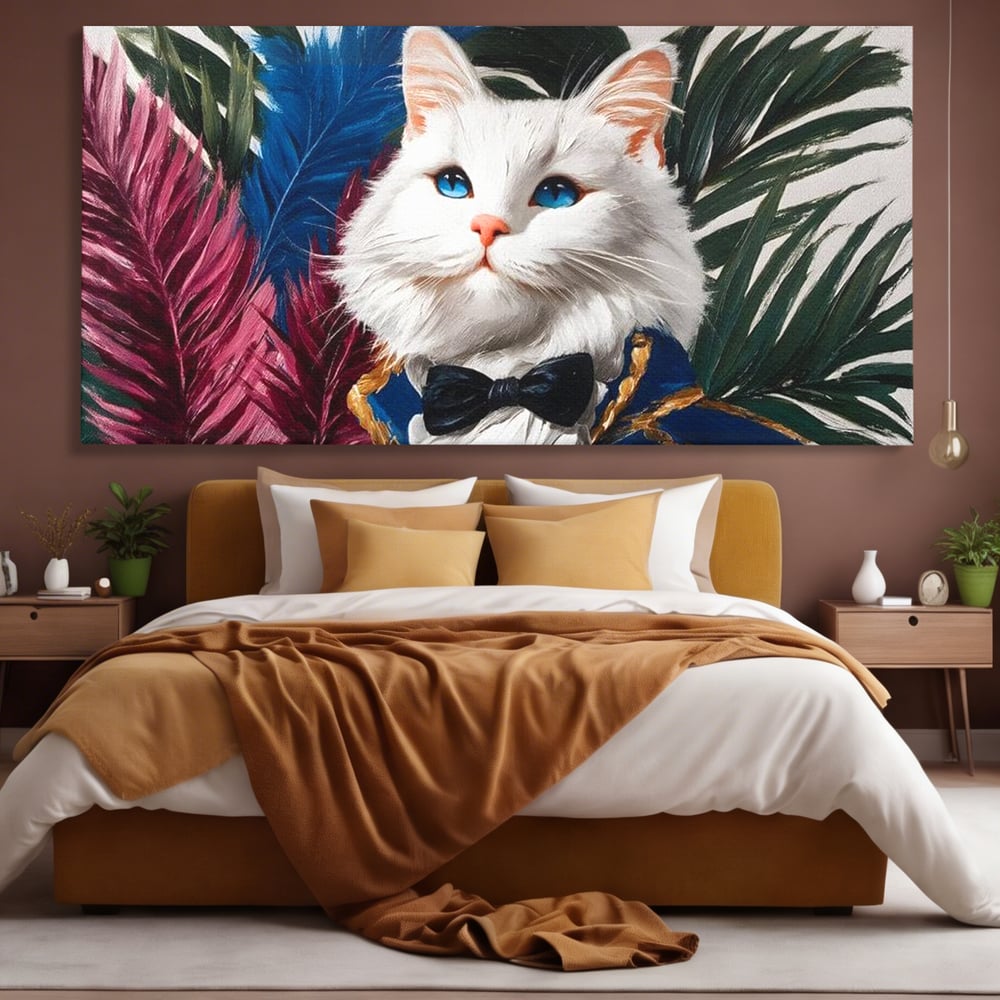 Tablou canvas cu tablou canvas cu pisica in costum, fara rama, pe sasiu de lemn, pe perete intr-un dormitor